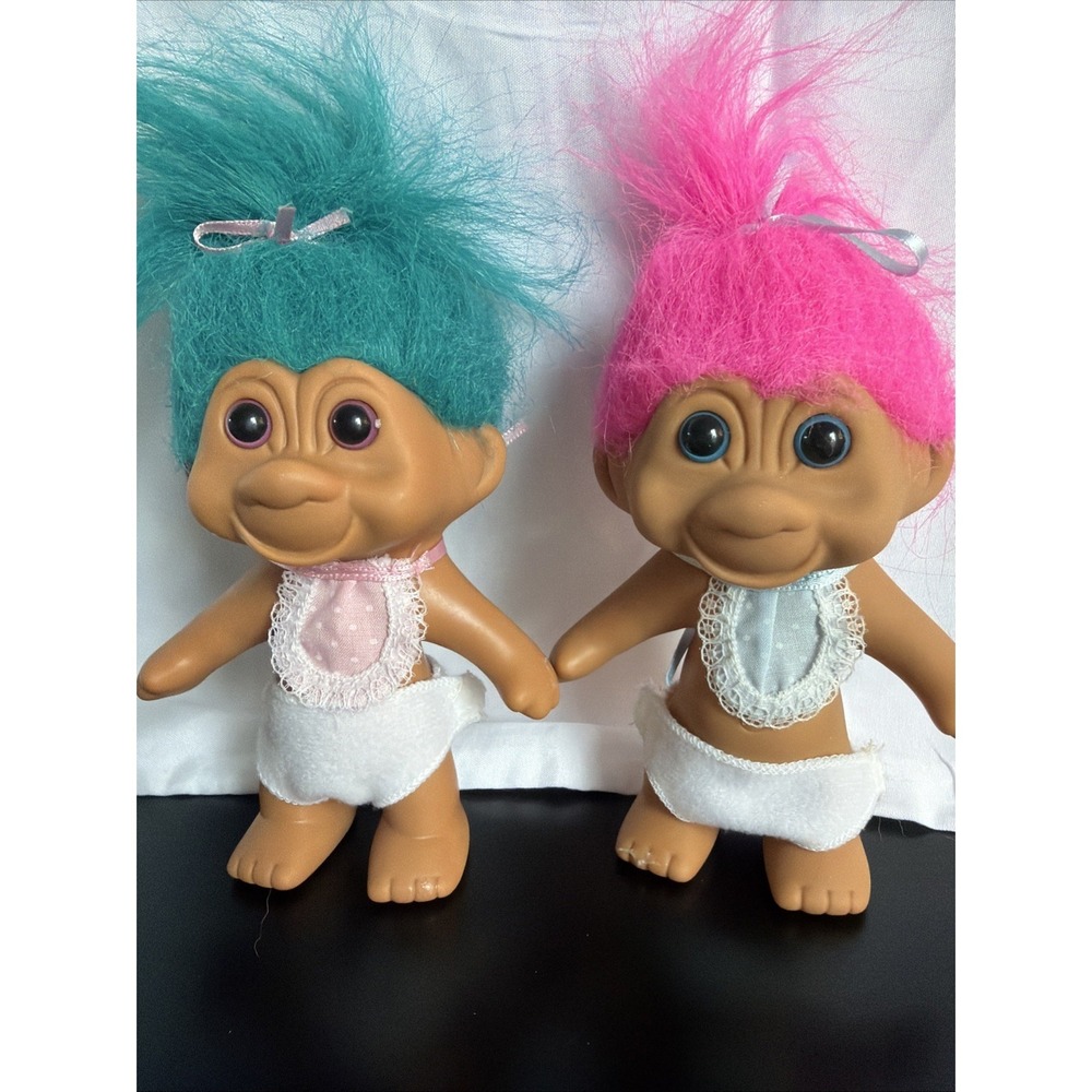 Vintage 1991 TNT Troll Doll Baby Twins Pink Teal Hair Diapers Bibs Set of 2 5in